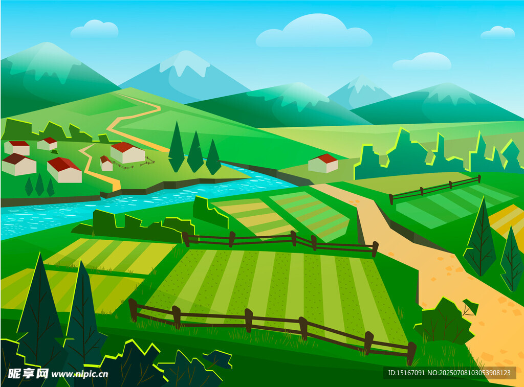 田园风光乡村美景插画