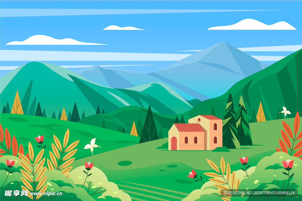 山间田园小屋美景