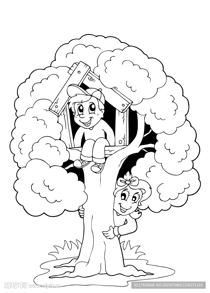 树下的女孩与小动物