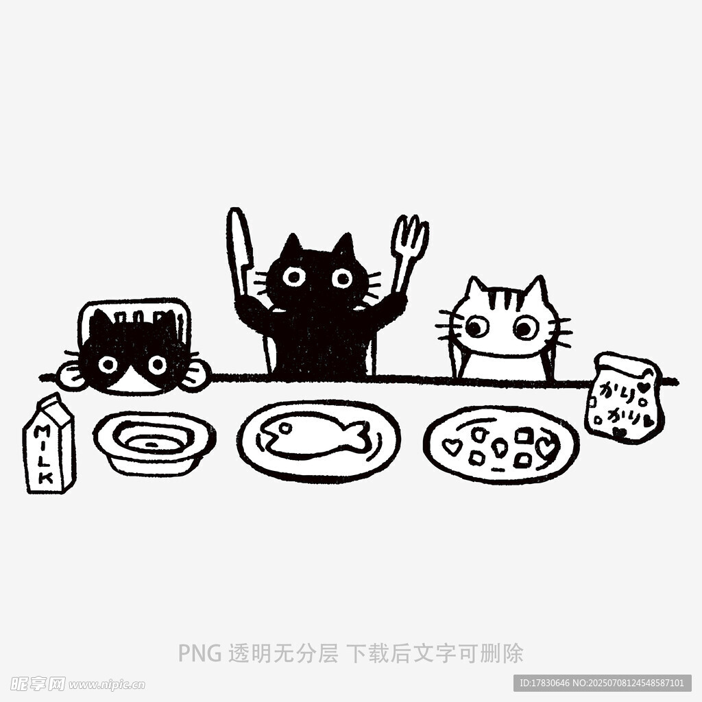黑猫持餐具与小猫的用餐场景