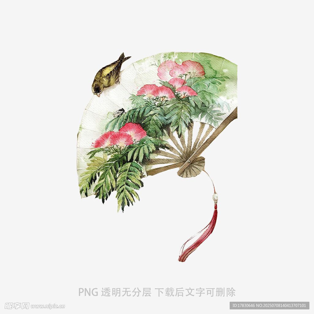 古风折扇上的灵动小鸟