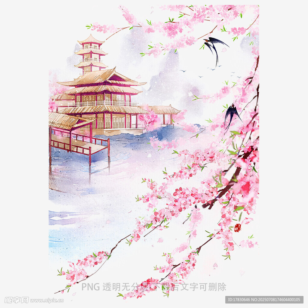 古风楼阁旁的烂漫花枝