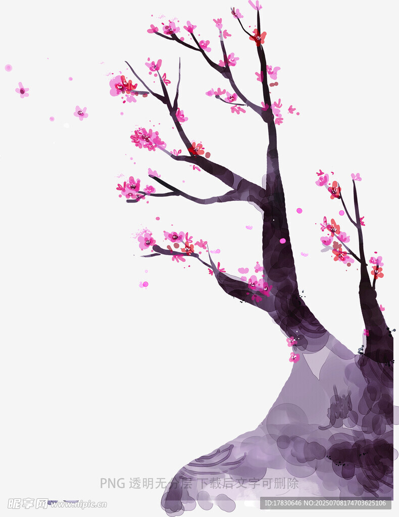 水墨风绽放的粉色花枝