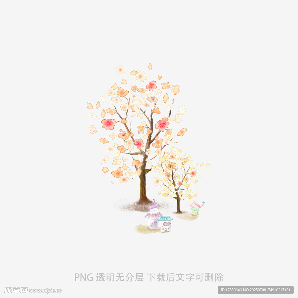 两棵梦幻风格的花卉树木