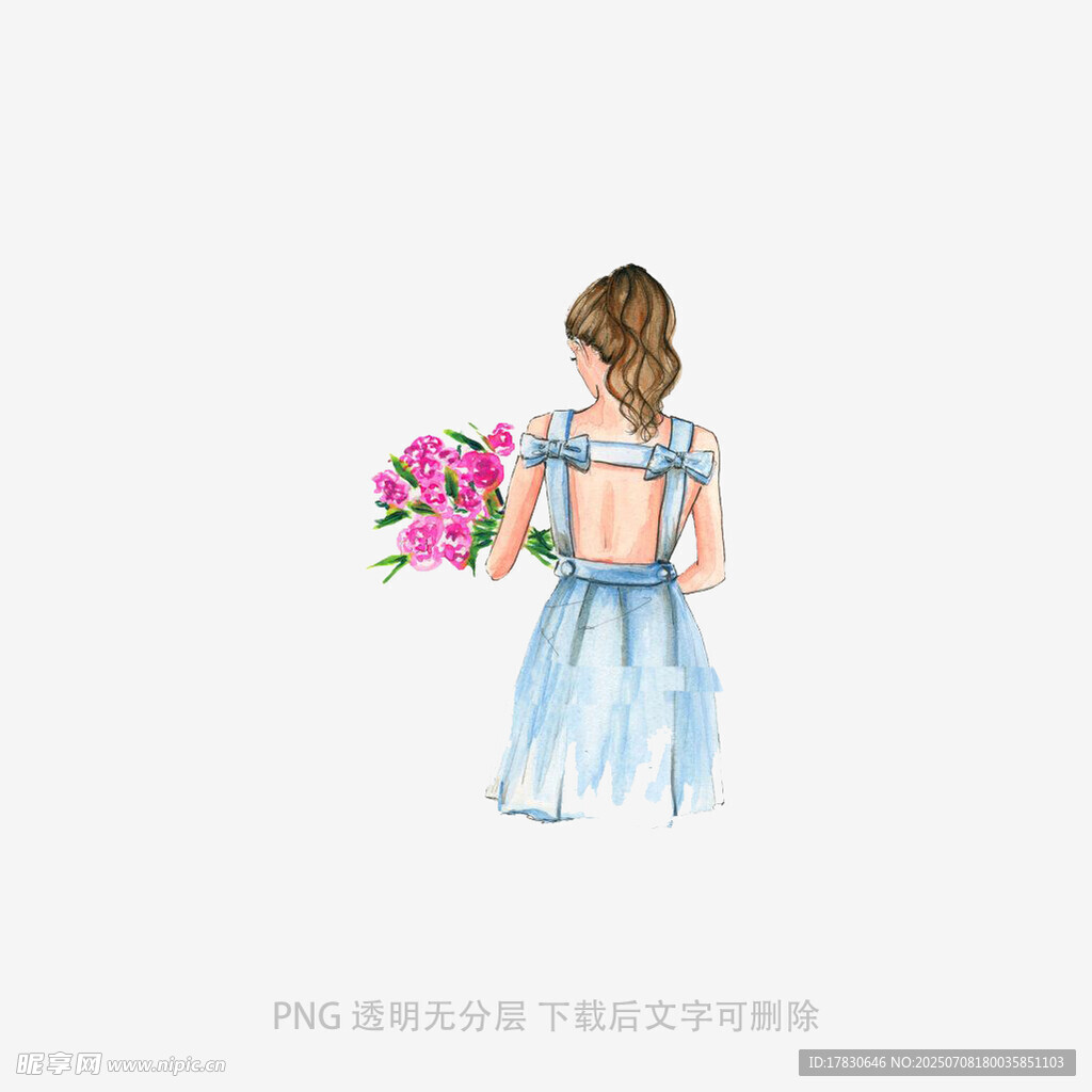 手持花束的蓝裙女孩背影