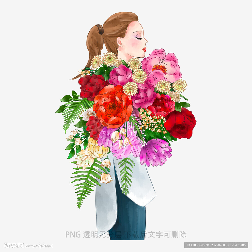 女子手捧缤纷艳丽花束