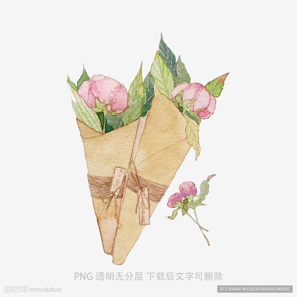 手绘纸包粉玫瑰插画