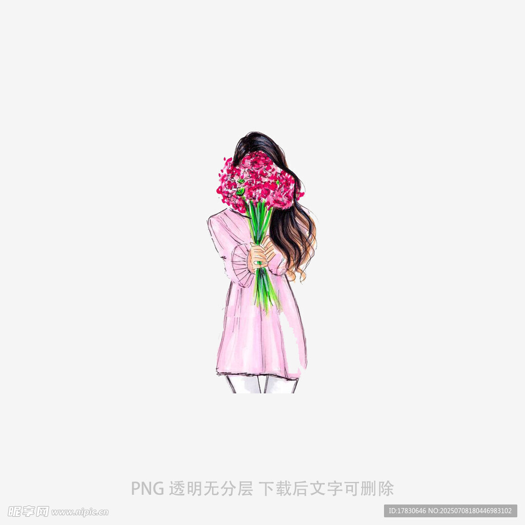 手持花束的粉色长裙女孩