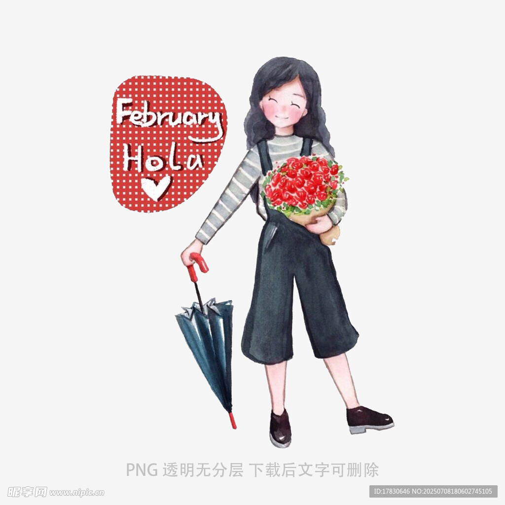 手持花束撑伞的时尚女孩