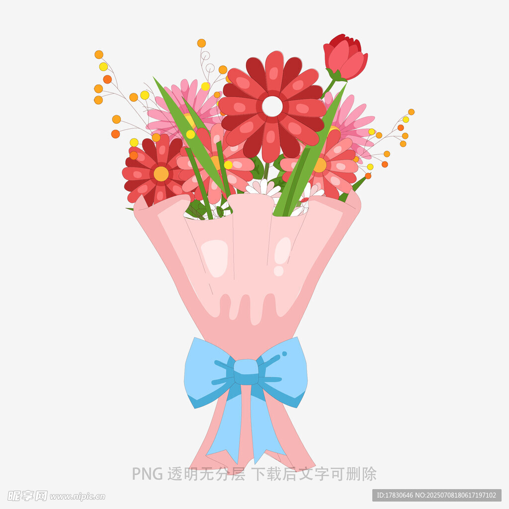 粉色花束配蓝色蝴蝶结