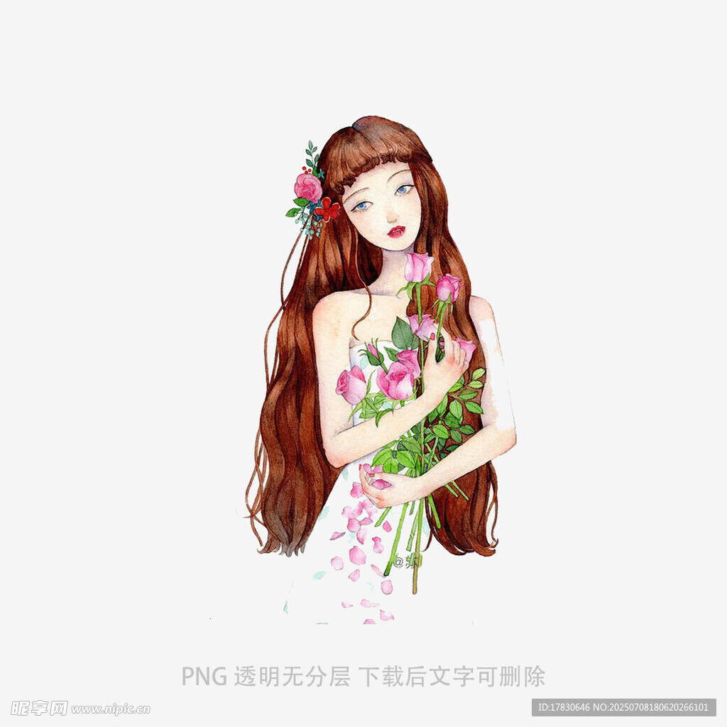 手持花束的长发美丽女孩