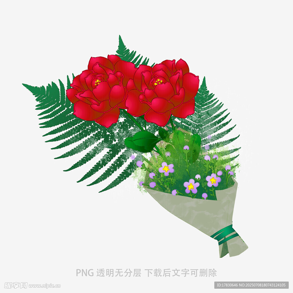 红玫瑰绿叶花束插画