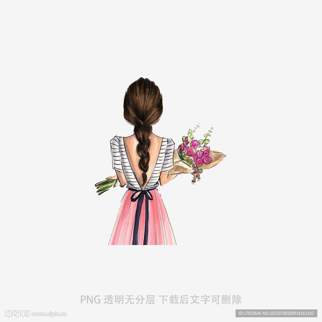 手持花束的背影女孩