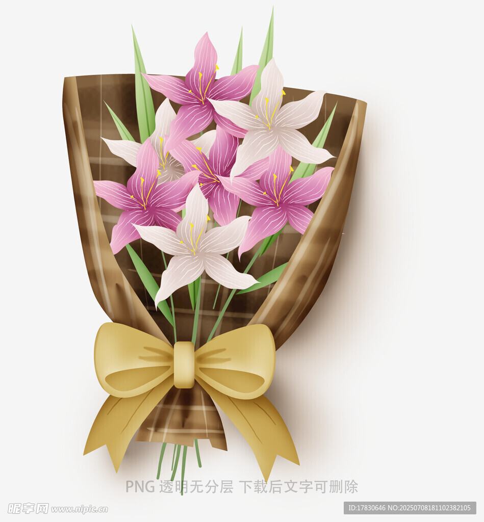 粉色白色花束配金色蝴蝶结