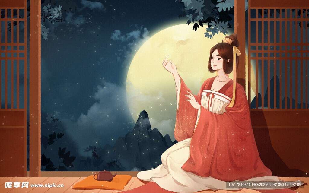 月夜古装女子优雅抚琴