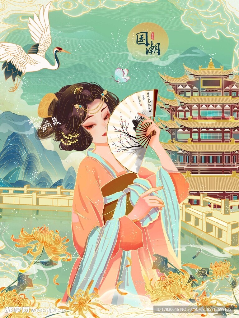 古风女子与鹤的唯美画面