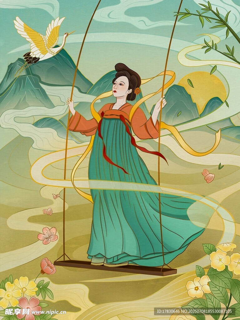 古风女子悠然荡秋千