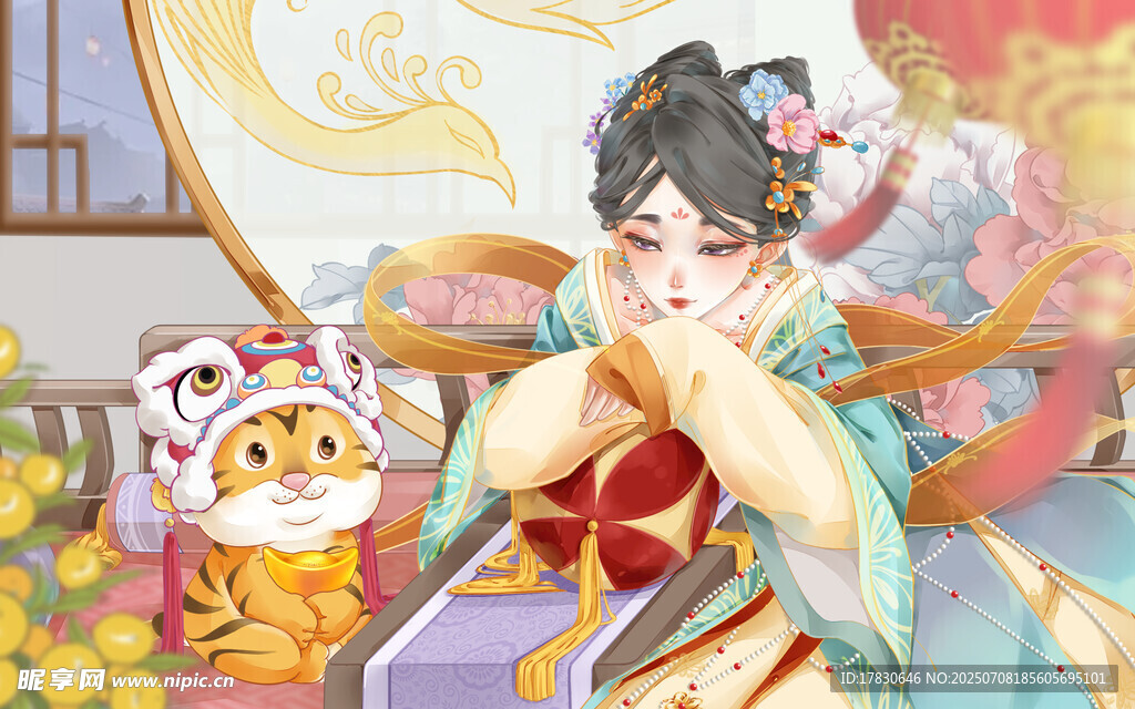古风少女与萌虎温馨画面