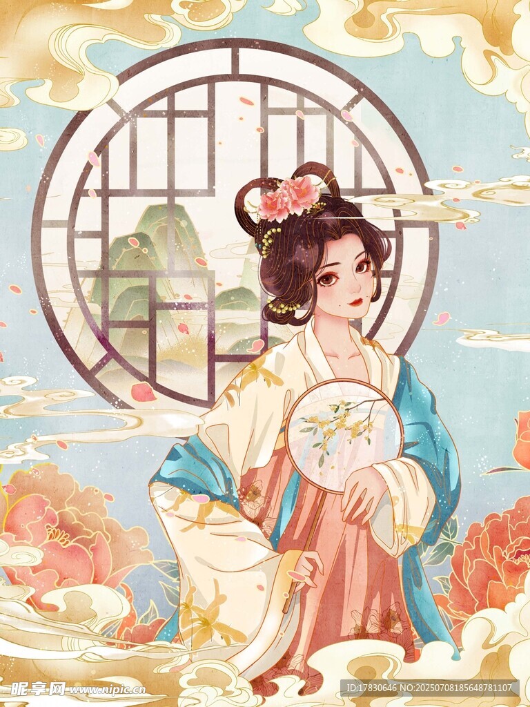 古风佳人持扇倚窗赏景