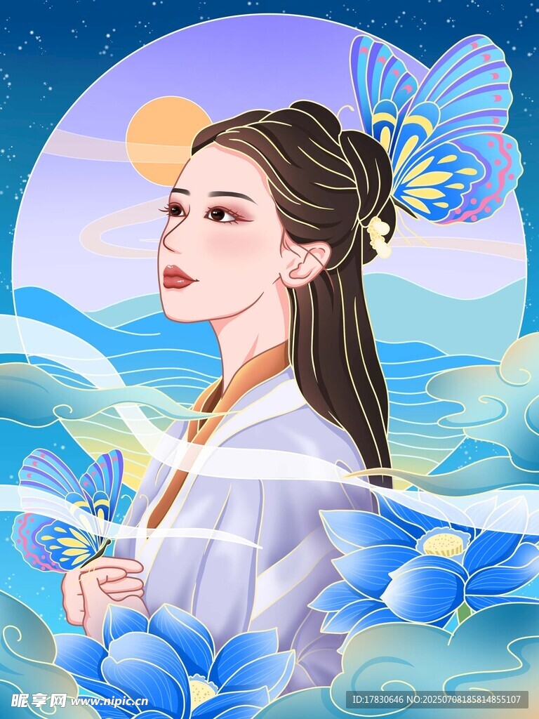 古风女子与蝶于梦幻之境
