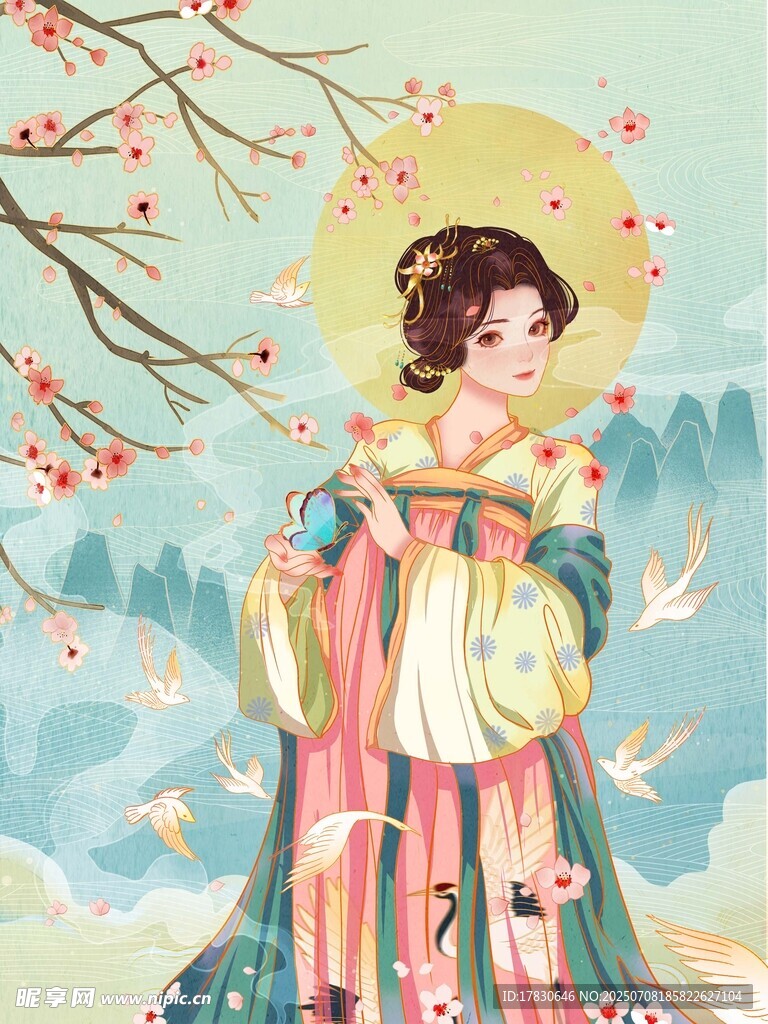 古风汉服少女持琴赏景