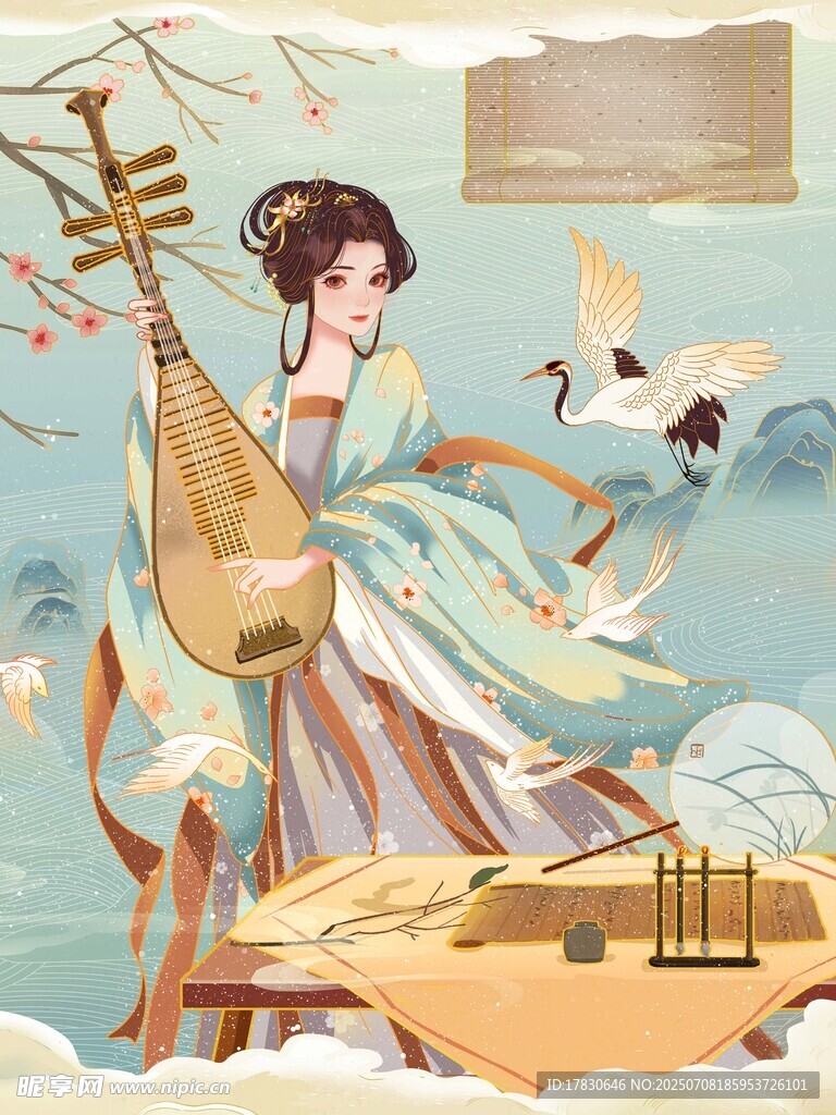 古风琵琶美人云端图