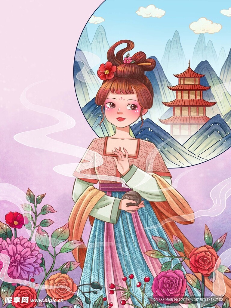 古风汉服女子怀抱孩童