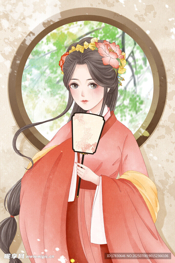 古风红衣持扇女子画像