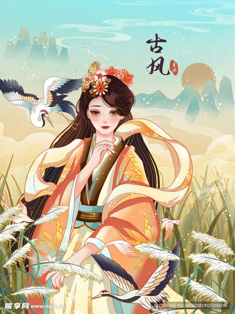 古风佳人伴飞鸟赏景