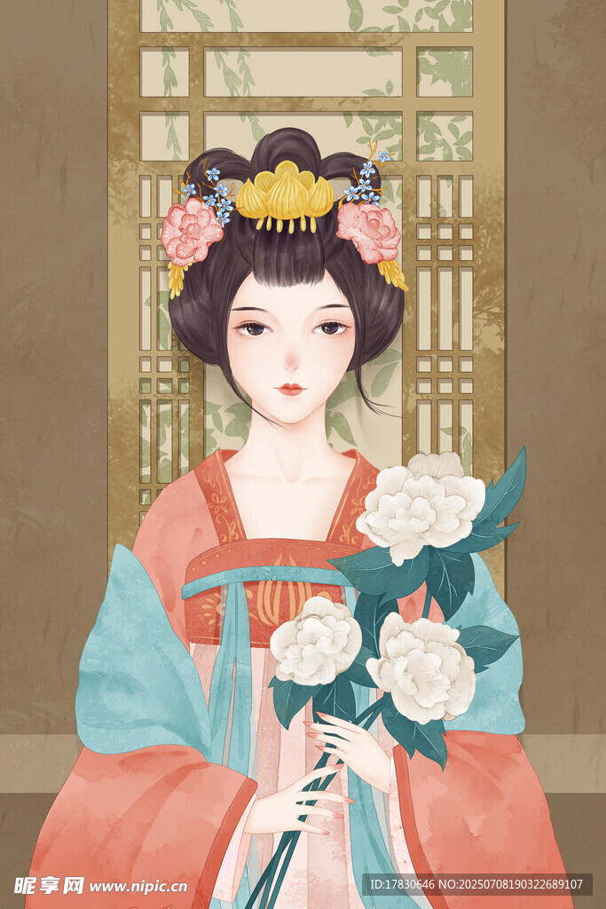 古风持花仕女图