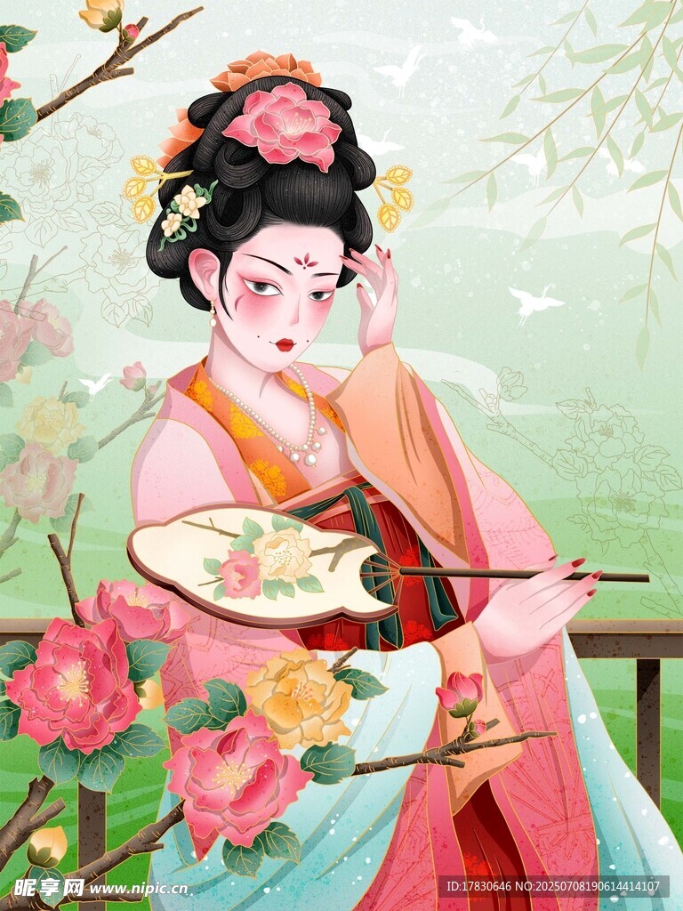 古典美人持扇倚栏赏景