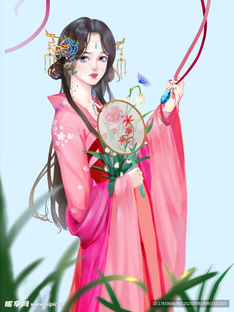 古风佳人持扇展优雅风姿