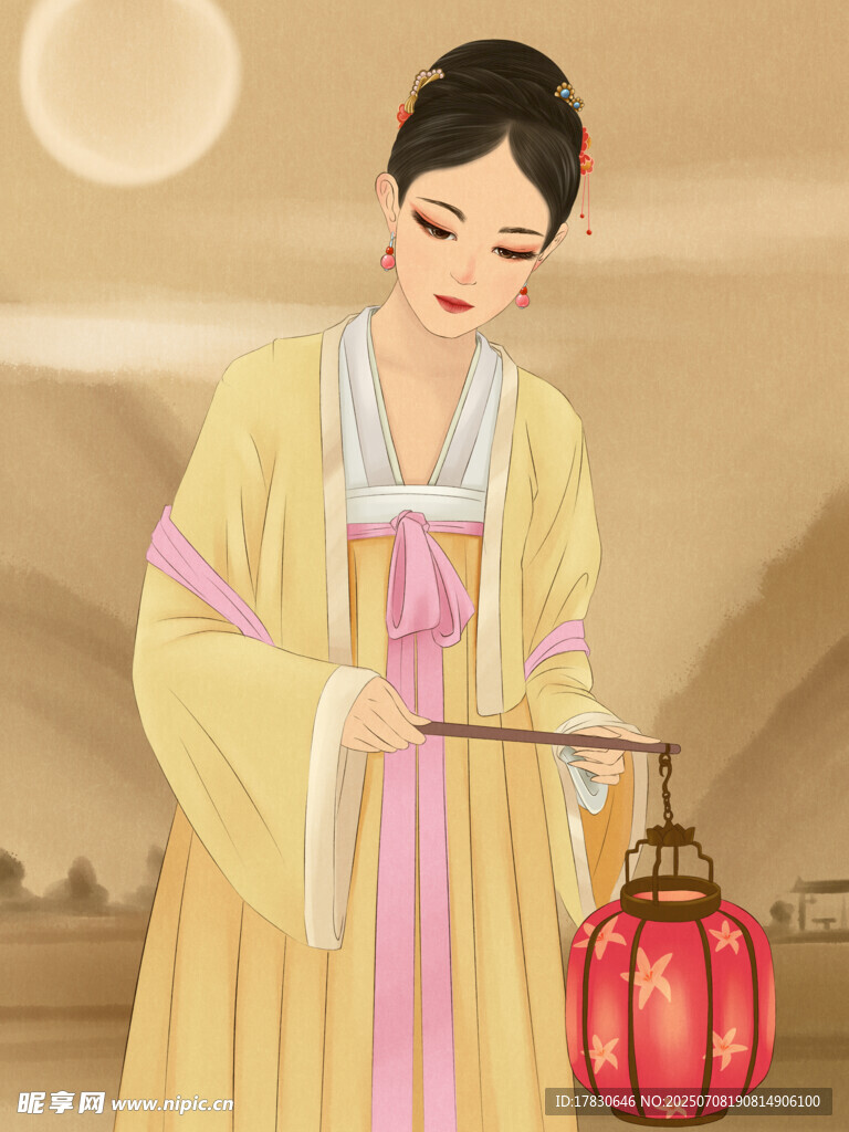 古风女子持灯笼漫步