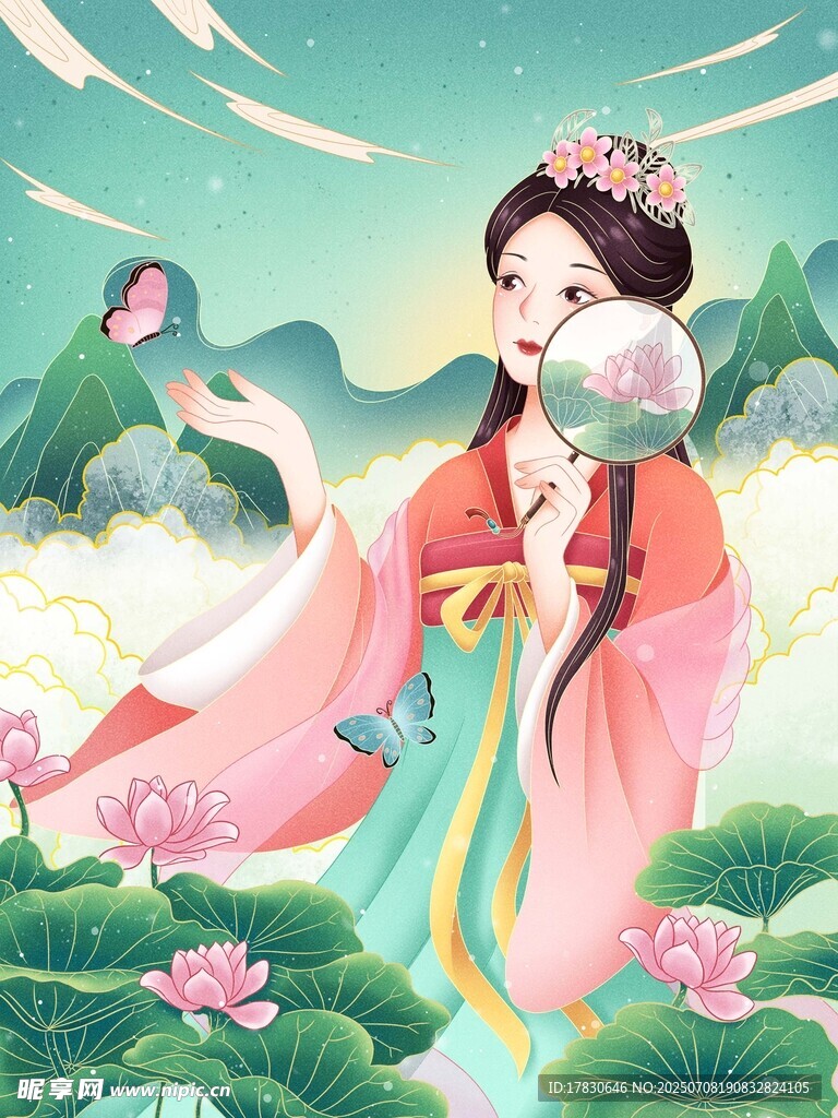 古风佳人赏荷图