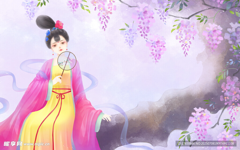 古典美人倚坐繁花之下