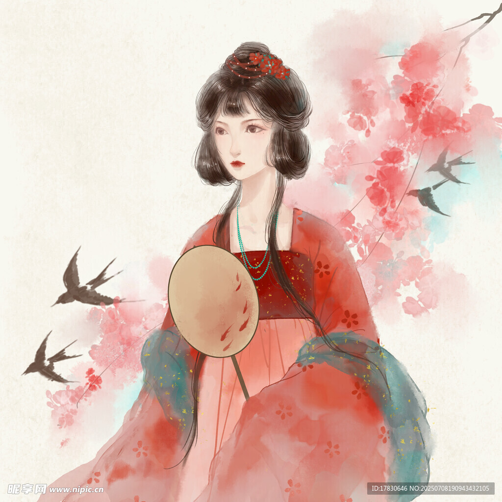 古风佳人持扇赏花鸟