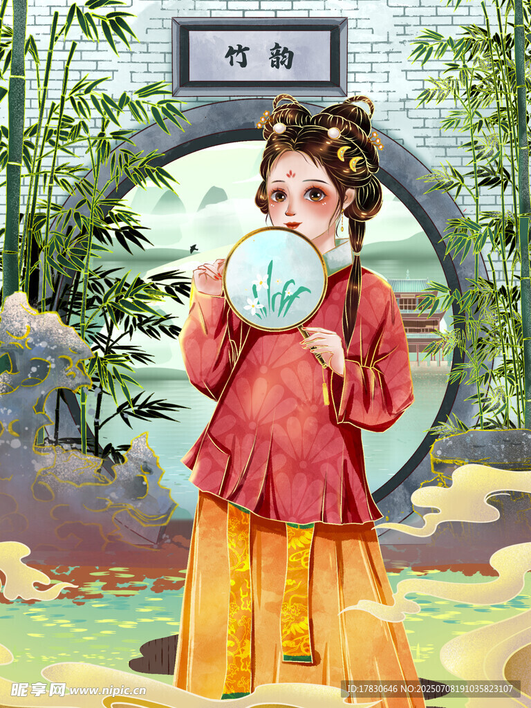 古风少女持扇于中式景致中