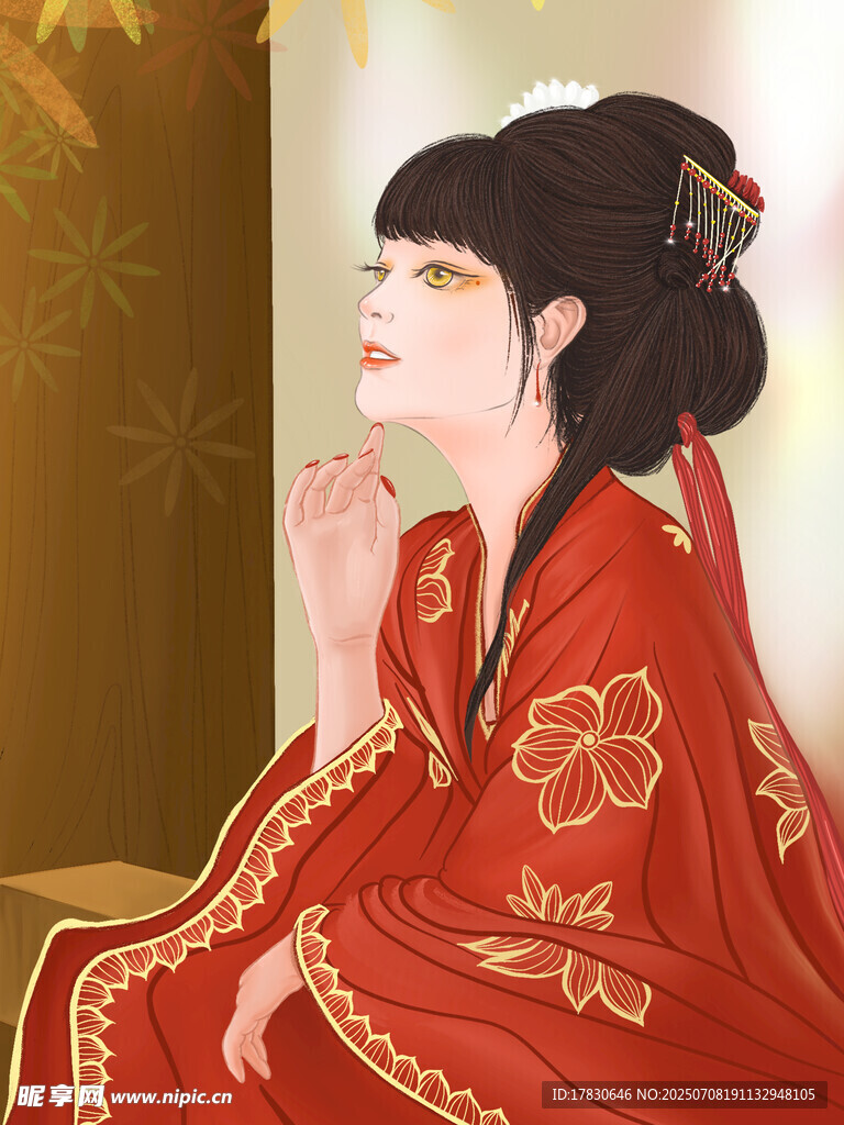 红衣古装女子优雅侧坐