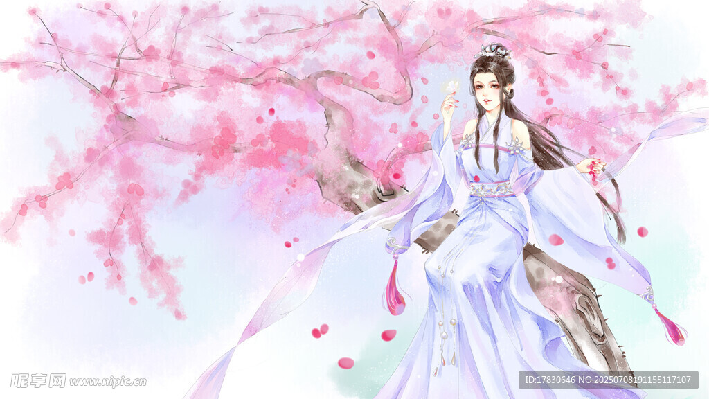 古风仙侠女子倚立花树旁