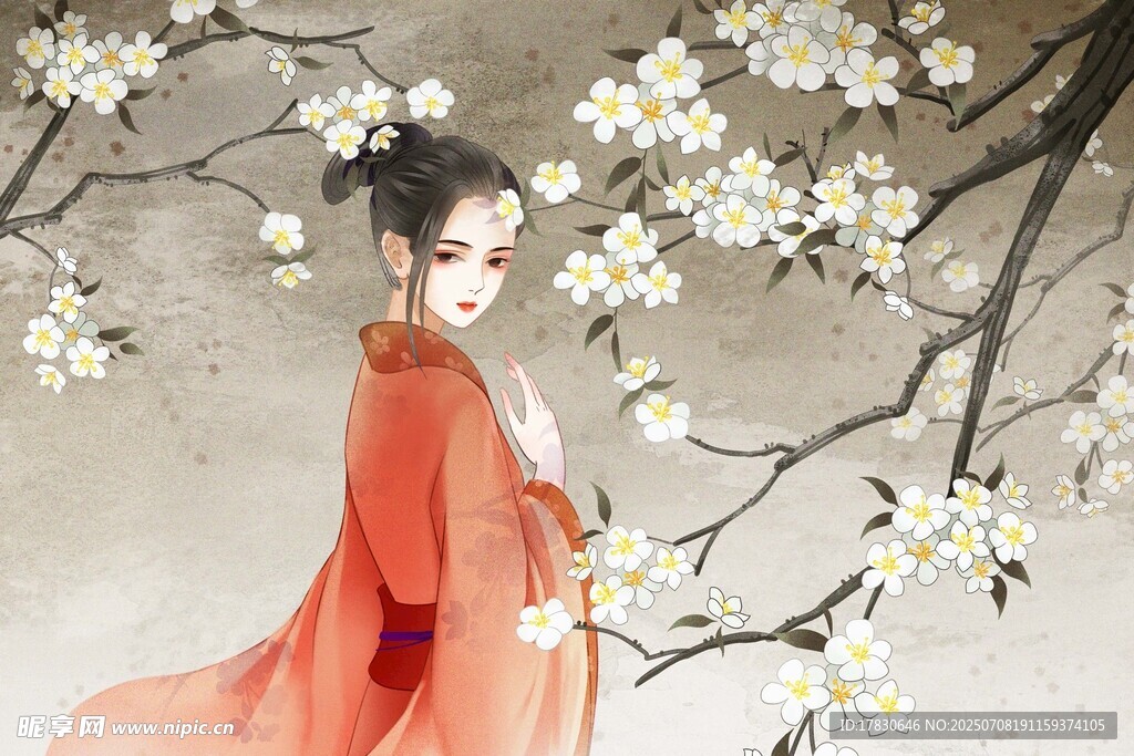 红衣佳人赏繁花