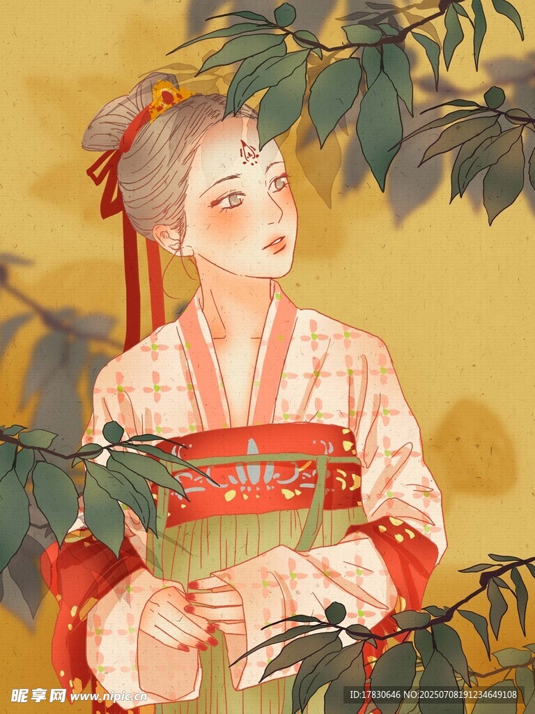 古风女子倚树温婉而立
