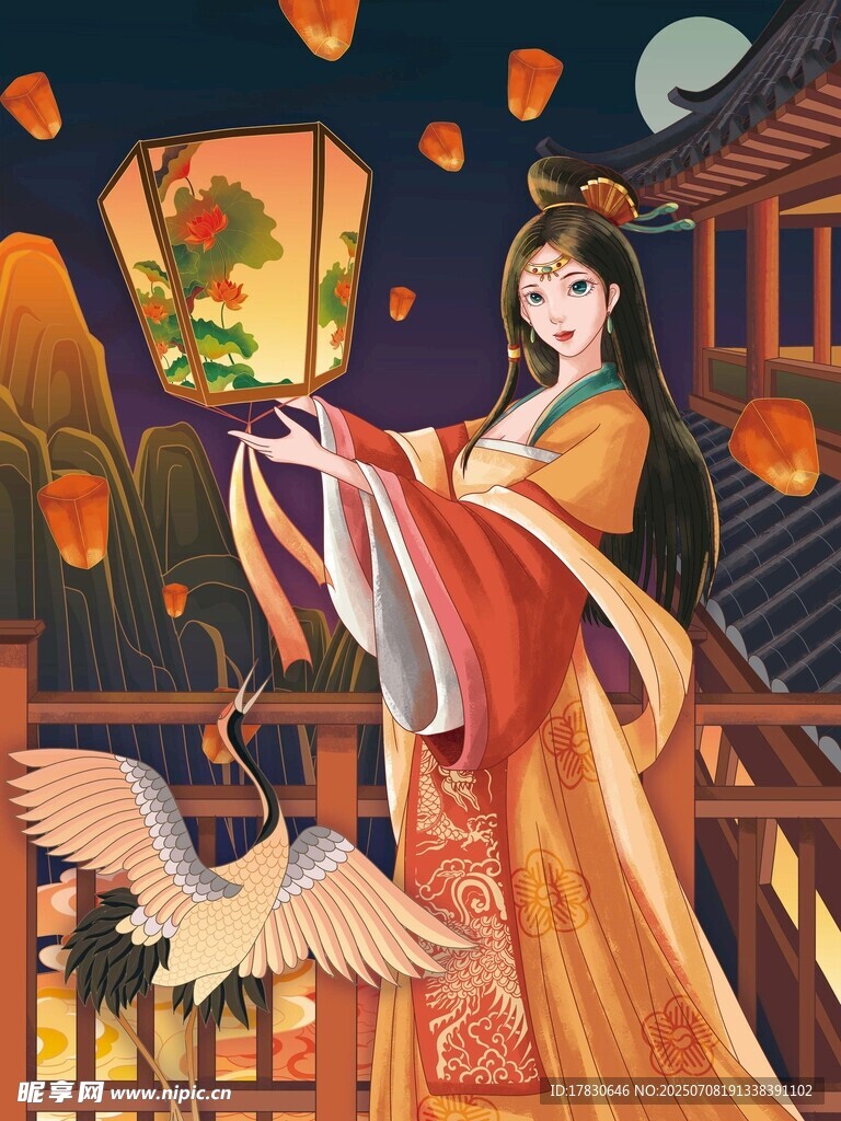 古风女子月夜赏景