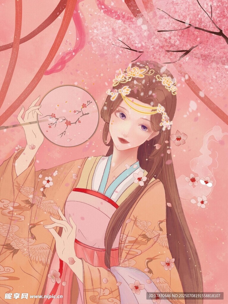 古风佳人持扇赏樱图