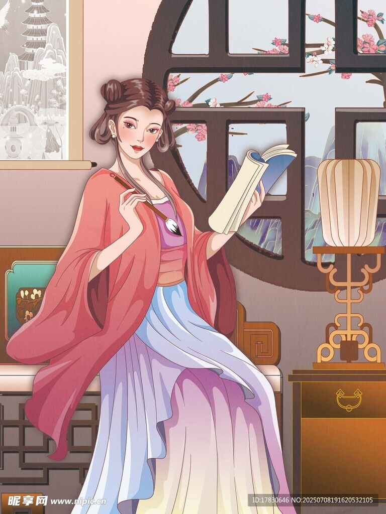 古风女子持书优雅端坐