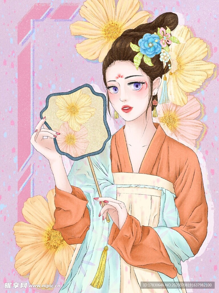 古风美人持扇优雅赏景