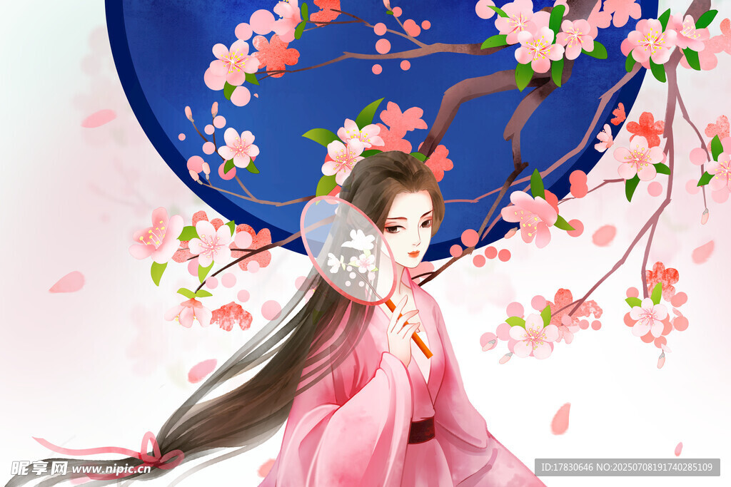 古风粉衣女子与白兔赏景