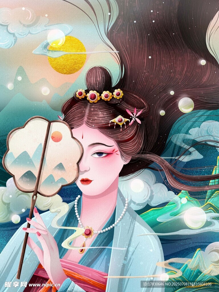 古风美人持扇于梦幻星空