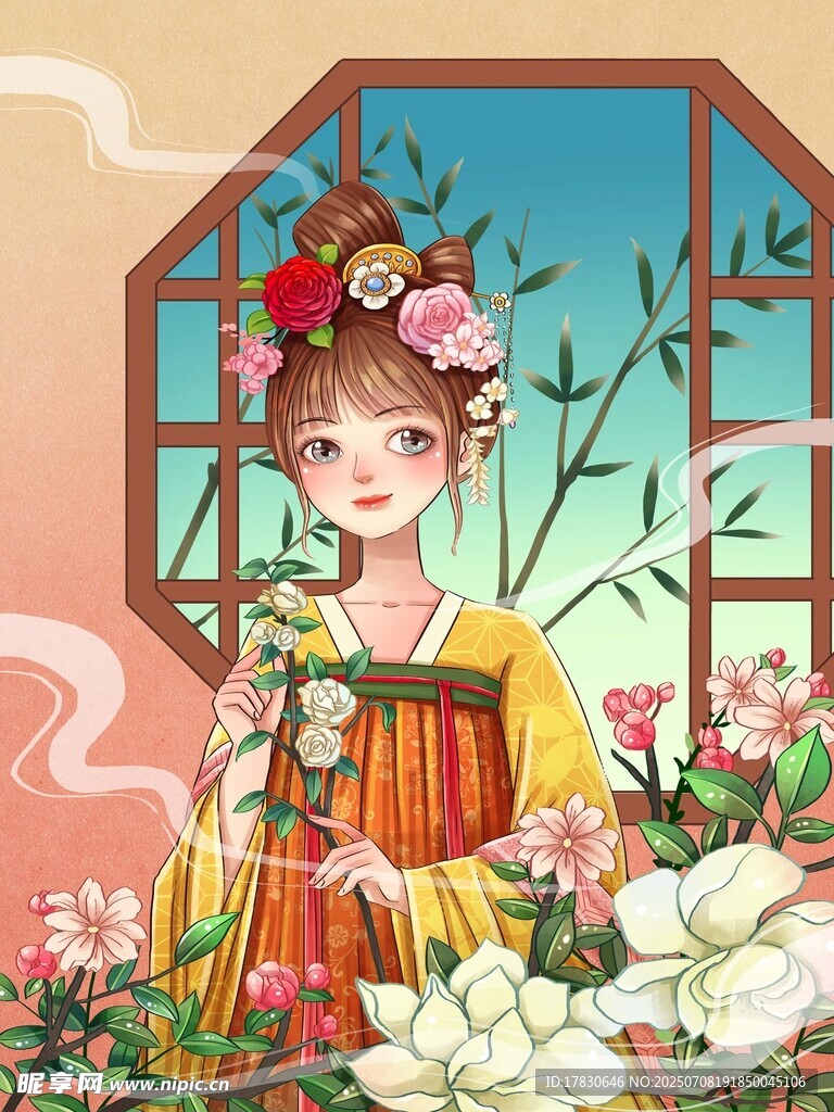 古风少女赏花图