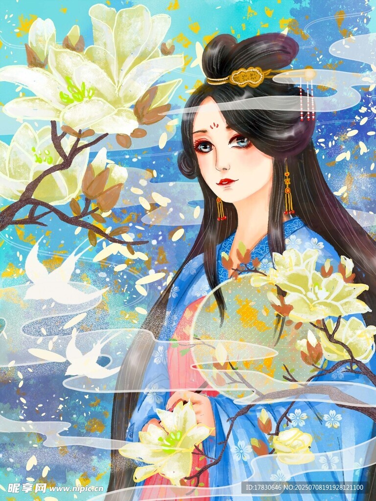 古风美人赏玉兰花