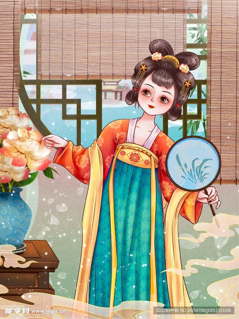 古风汉服女子持扇赏花